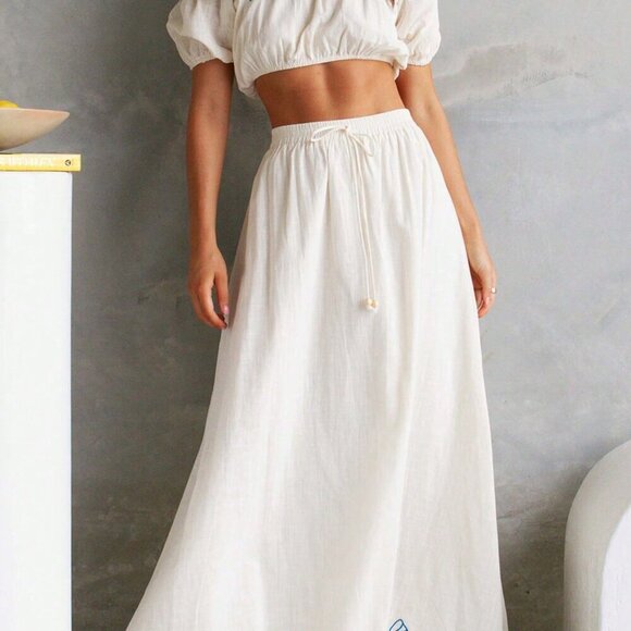 Blue And White Boho Women's Woven Print Midriff-Baring Top And Flowy Hem Dress - Picture 7 of 12